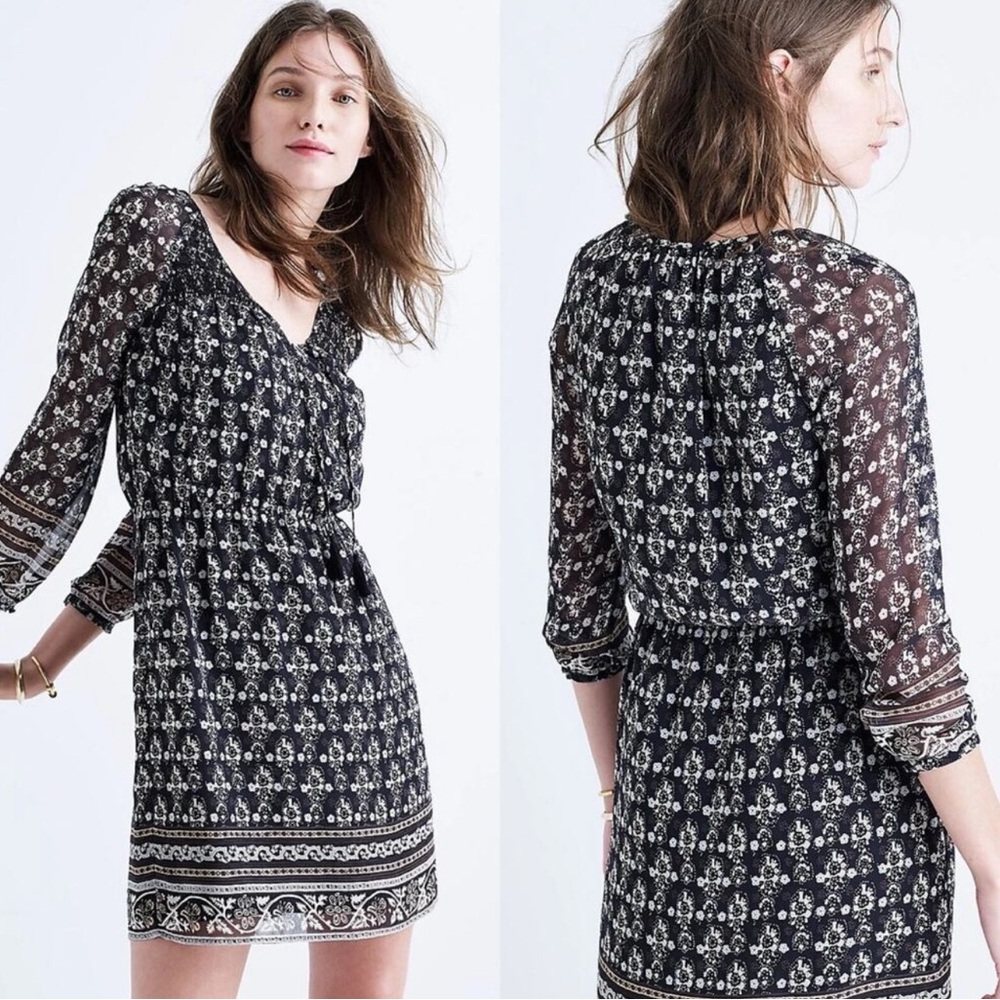 Madewell Woodland Smocked V-Neck Sheer Sleeve Dress